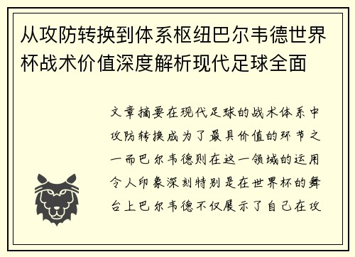 从攻防转换到体系枢纽巴尔韦德世界杯战术价值深度解析现代足球全面