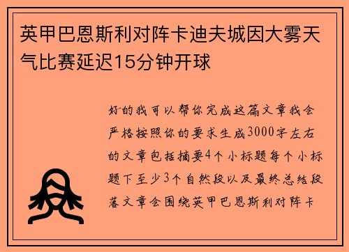 英甲巴恩斯利对阵卡迪夫城因大雾天气比赛延迟15分钟开球 英甲巴恩斯利对阵卡迪夫城因大雾天气比赛延迟15分钟开球